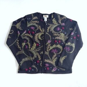 VTG Talbots Floral Embroidered Cardigan Sweater PS Small PETITE Black Zip Dainty